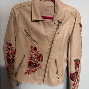 Blank NYC Beige Leather Jacket with Red Floral Embroidery